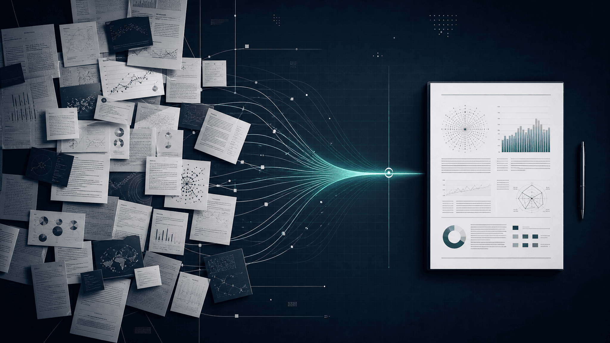 Scattered research sources converging into one structured, cited brief