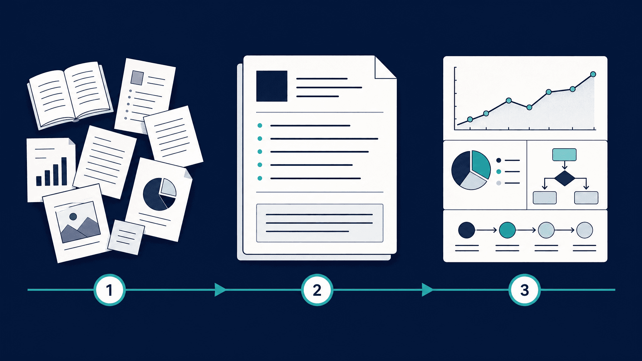 Three-step flow from scattered sources to a synthesis to clean figures